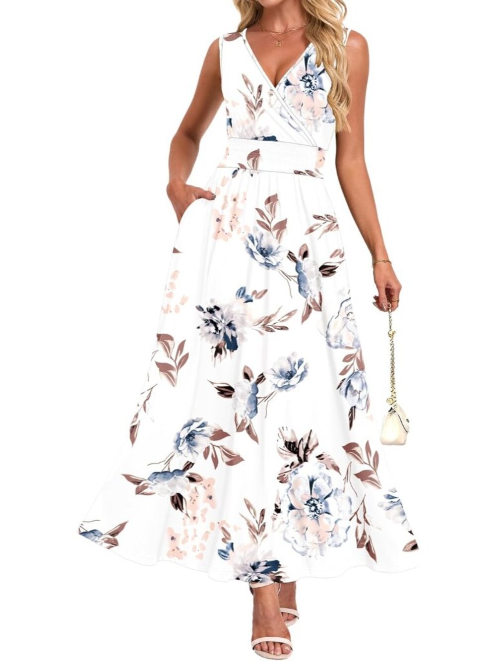 Women's White Summer Casual Dress V Neck Sleeveless Floral Boho Maxi Dresses